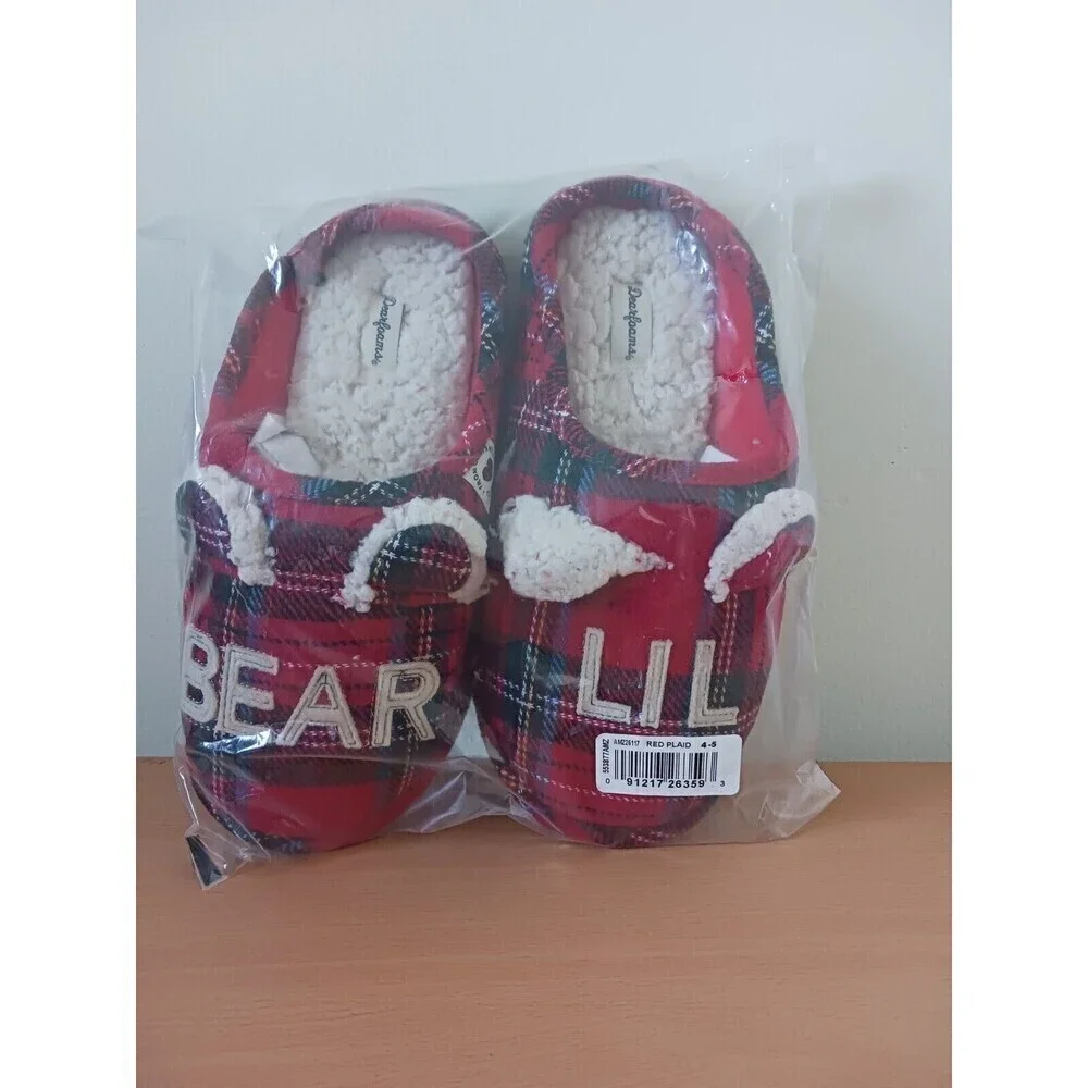 Dearfoams Lil Bear Slippers Girls 4-5 Blue Red Plaid Memory Foam